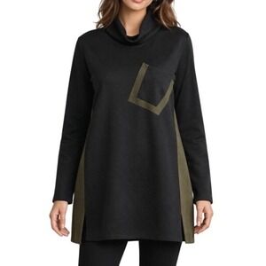 Comfy USA Mock Neck Tunic Top S Black‎ Olive Colorblock Artsy Lagenlook Relaxed
